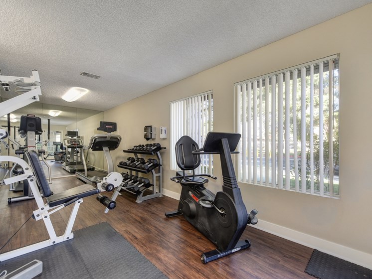 Community Fitness Center with Excercise Bike, Handweights, Treadmills, Ellipticals, Weight Machine, Plastic Floor Mats, Open Blinded Windows, Full Mirror and Wood Inspired Floor